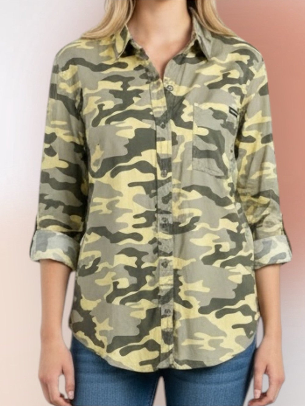 Calvin Klein Jeans Camouflage Button Front Cotton Blend Utility Shirt Size S